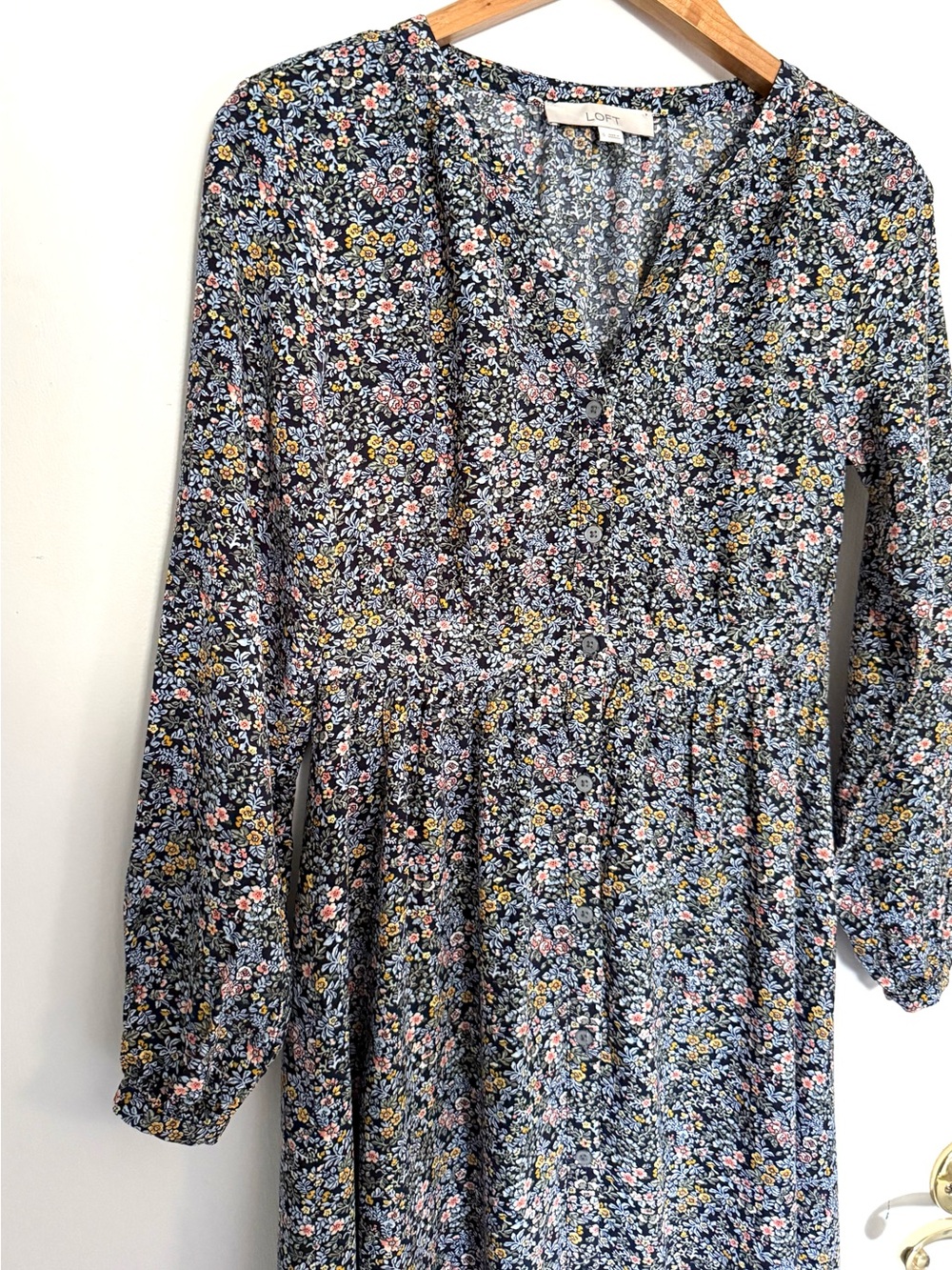 LOFT Navy Blue Floral Long-Sleeve Button Down Midi Dress - Picture 2 of 16